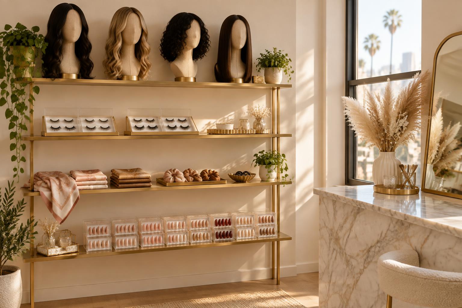 A cream boutique interior with brass shelving holding wigs, lashes, scarves and nail sets